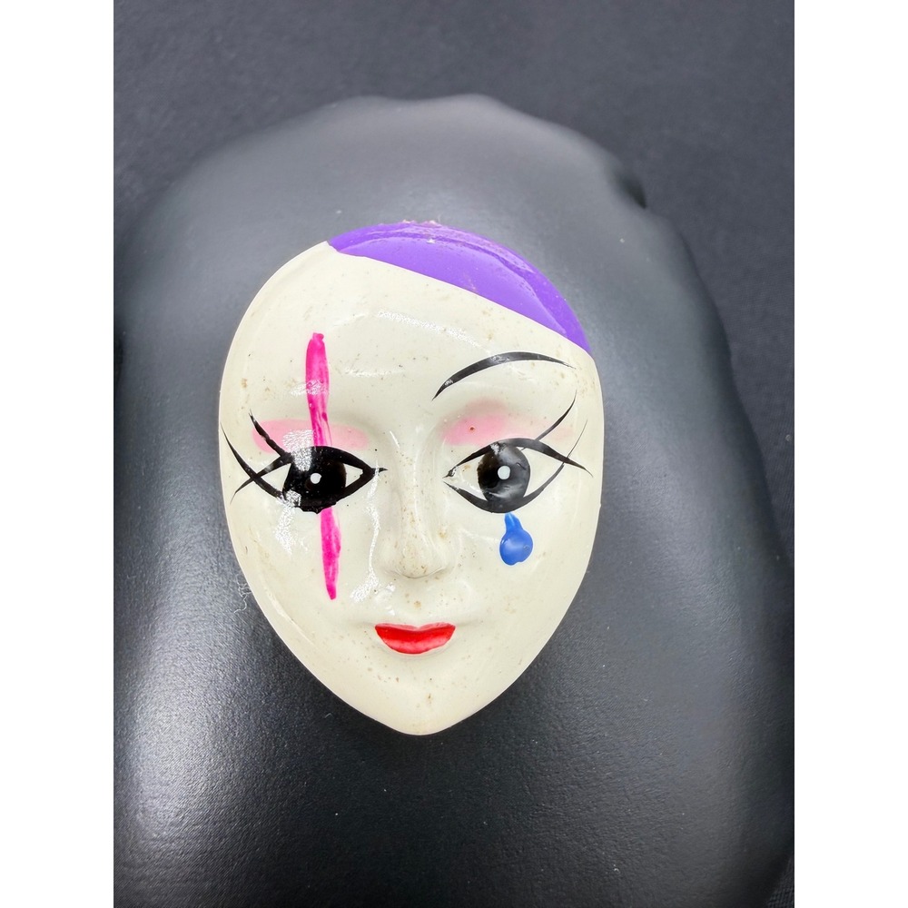 Vintage Harlequin Mime Ceramic Mask Brooch Purple Hair Teardrop Taiwan R.O.C.